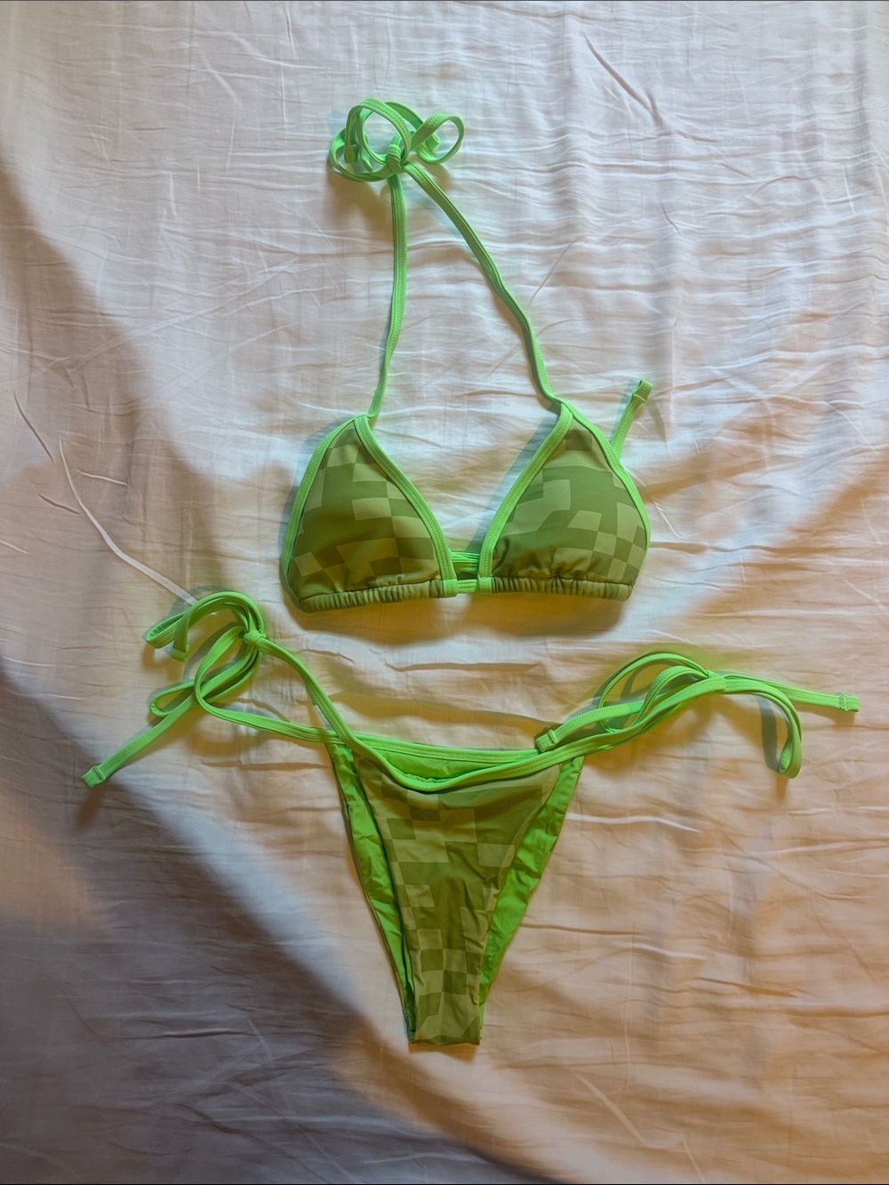 Blackbough Neon Green Checker Triangle String Bikini